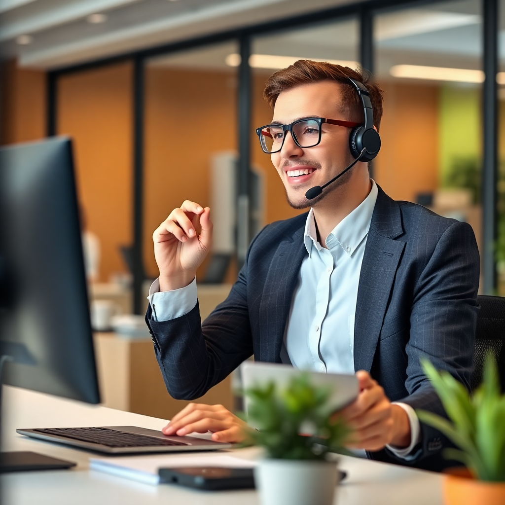 professional consultant talking on phone in modern office, customer service