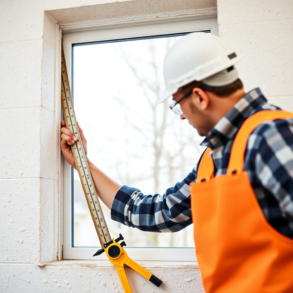 professional measuring window opening with tools, window installation preparation