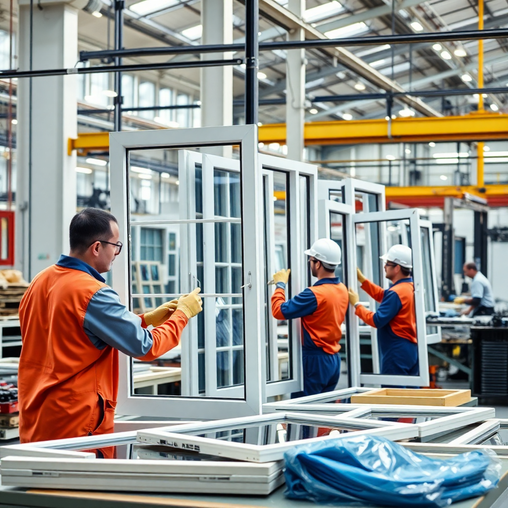 modern window manufacturing factory, workers assembling plastic windows, industrial production